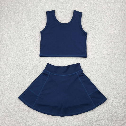 GSD1987 yoga navy blue vest skirt with shorts girls set