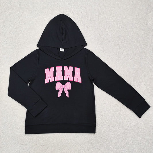 GT0901 MAMA Pink Bow Black Long Sleeve Hoodie Adult Women Pullover Top