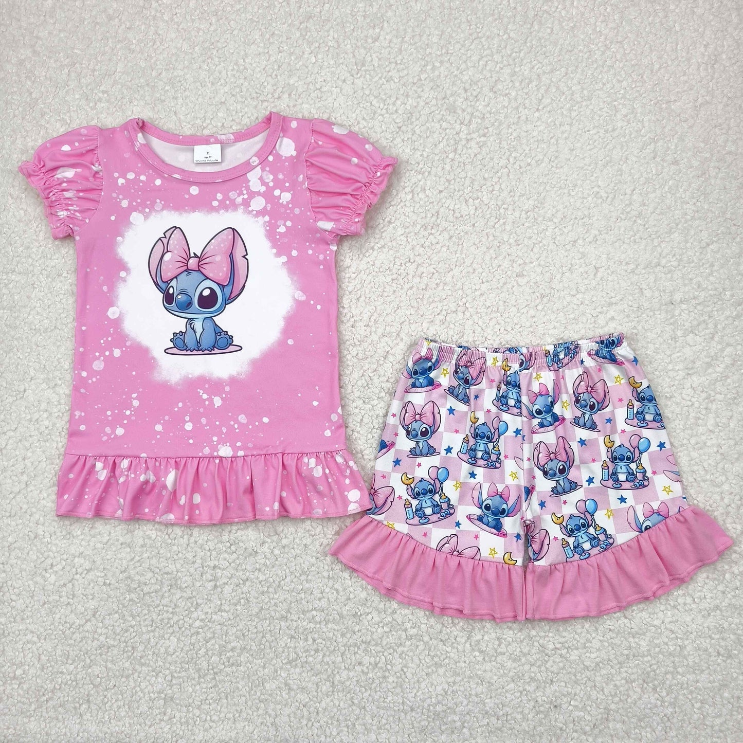 GSSO1071 cartoon dog animals pink short sleeve pink checkered shorts girls set