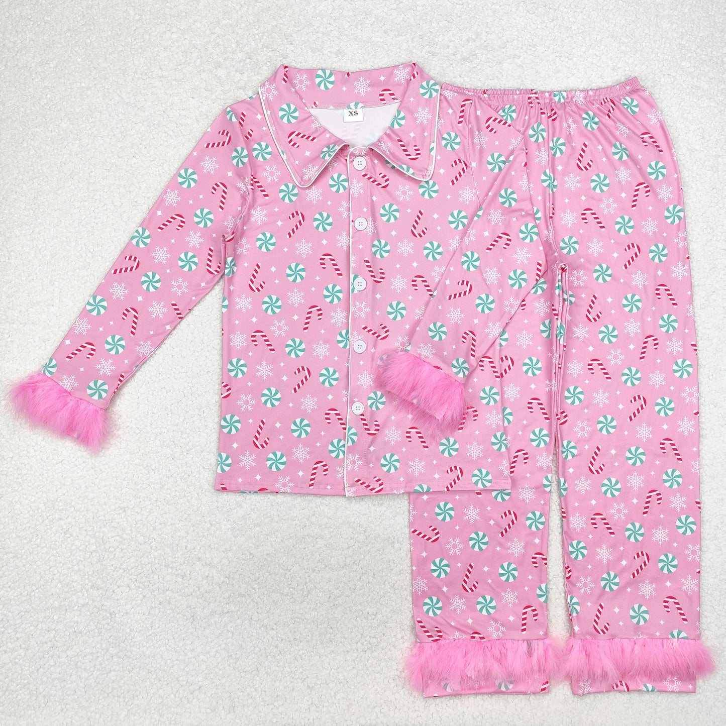 GLP2028 Christmas cane candy flowers hot pink long sleeve pants adult women fluffy pajamas