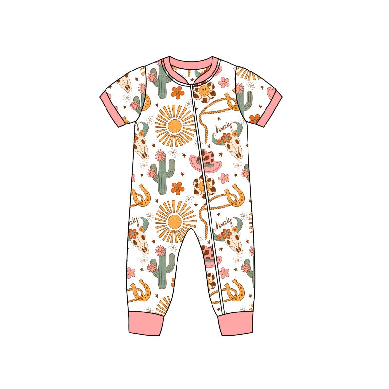 preorder SR1221 Western howdy cow cactus sun flowers pink short sleeve zipper girls romper