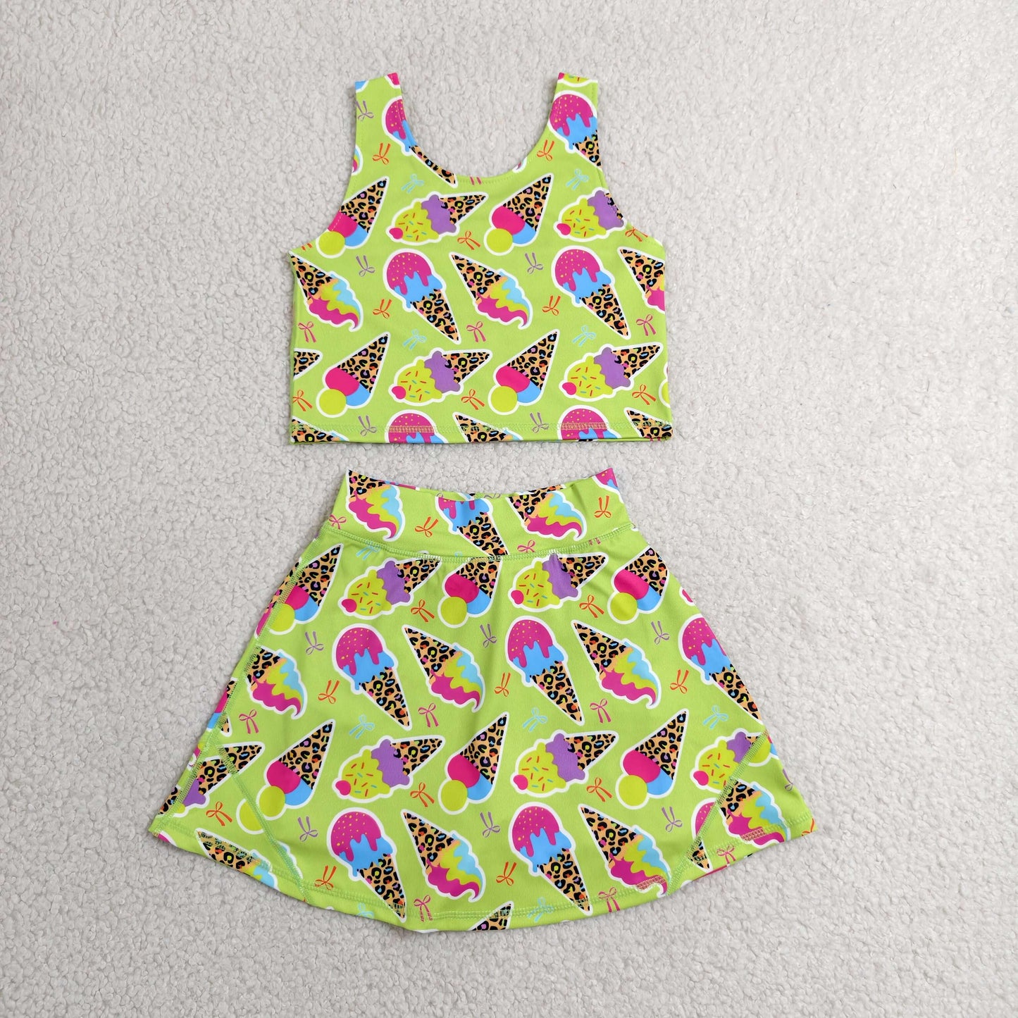 GSD2520 yoga colorful ice bows green sleeveless skirt with shorts girls set