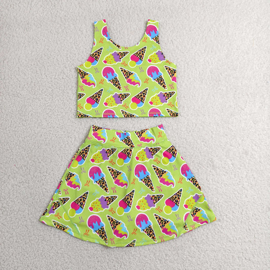 GSD2520 yoga colorful ice bows green sleeveless skirt with shorts girls set