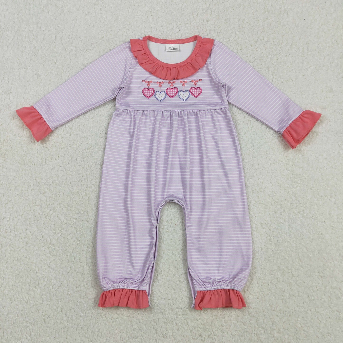 Embroidery LR2706 Valentine's Day heart purple striped long sleeve girls romper