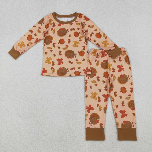 GLP2883 Thanksgiving turkey pumpkin bows orange long sleeve pants girls pajamas