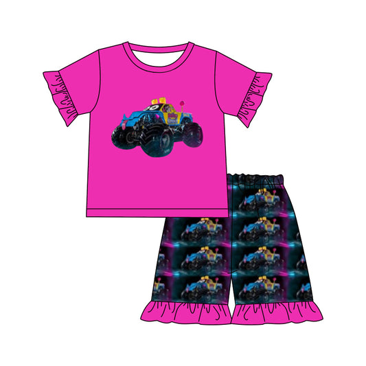 custom cartoon car hot pink short sleeve ruffles shorts girls set