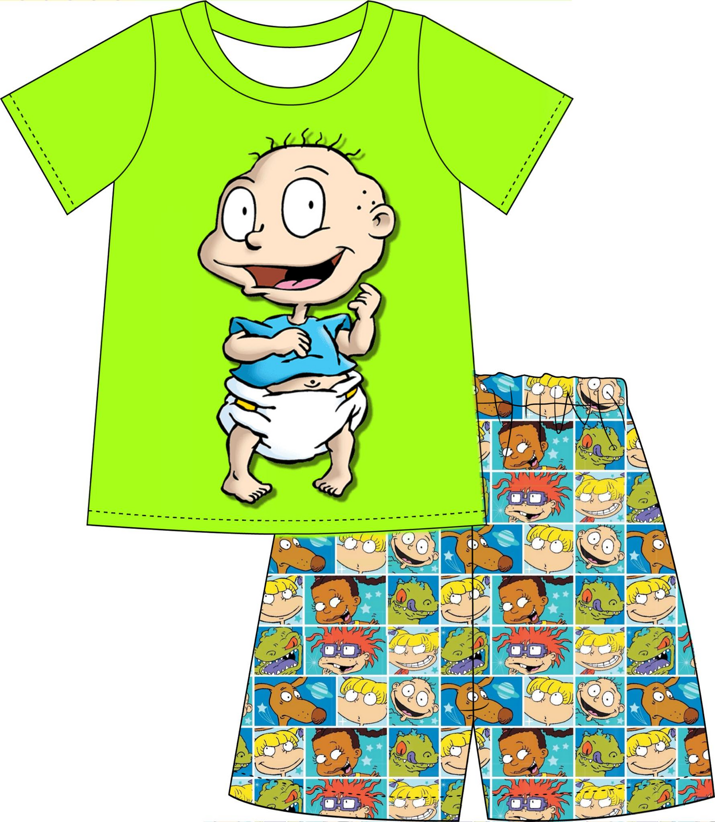 custom style cartoon baby green short sleeve shorts boys set tat 6-8 weeks