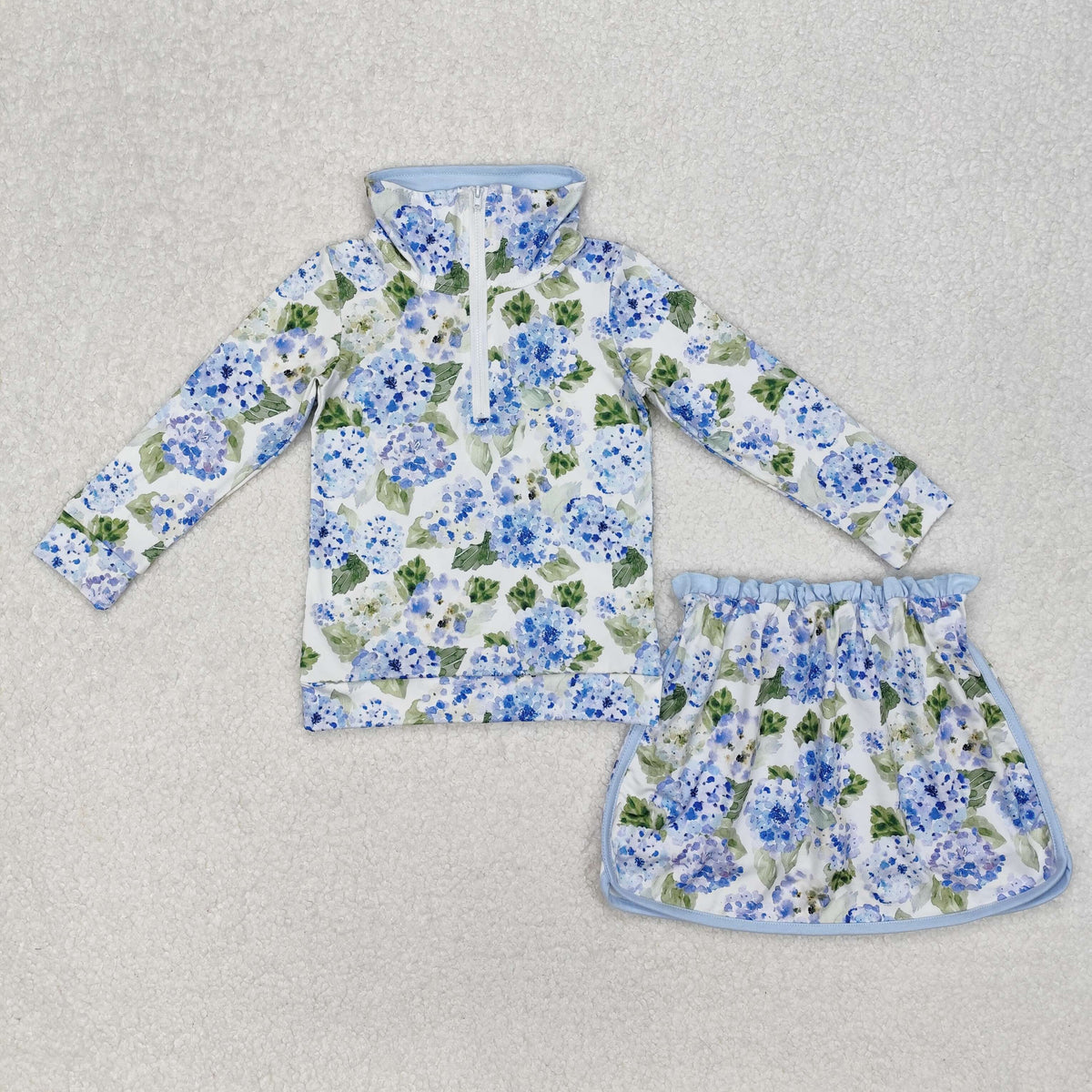 GLD1016 milk silk blue flowers zipper long sleeve skirt with shorts girls set