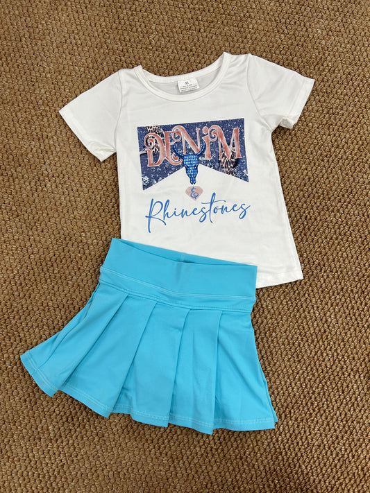 Western cow short sleeve yoga blue skirt skort girls set