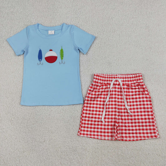 Embroidery BSSO1699 Fishing Blue Short Sleeve Red Checkered Shorts Boys Set