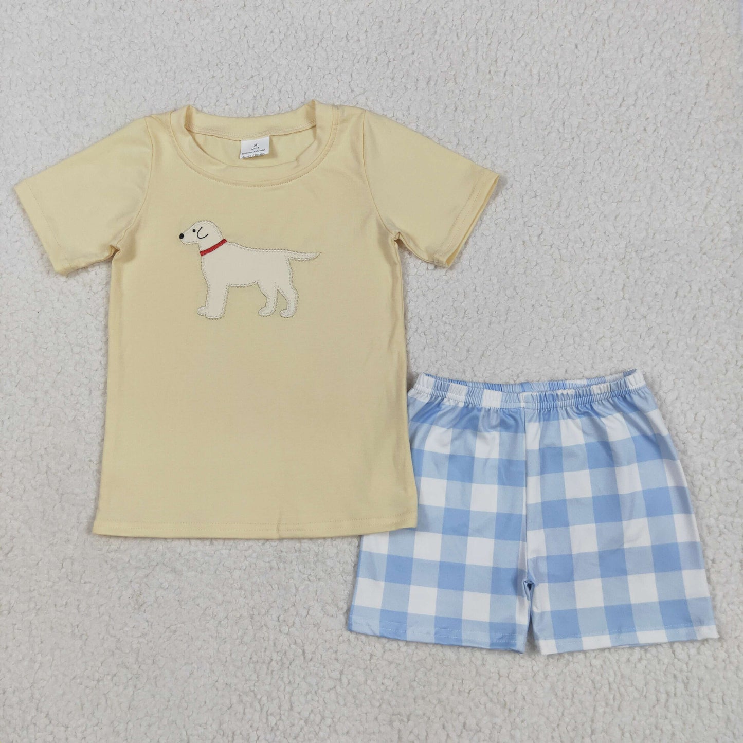embroidery BSSO1058 cute dog yellow short sleeve blue checkered shorts boys set