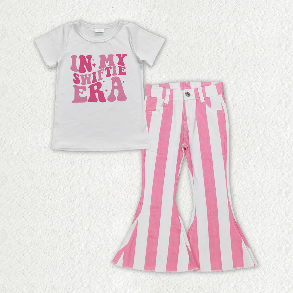 GSPO1401 In My white short sleeve pink striped denim pants girls set