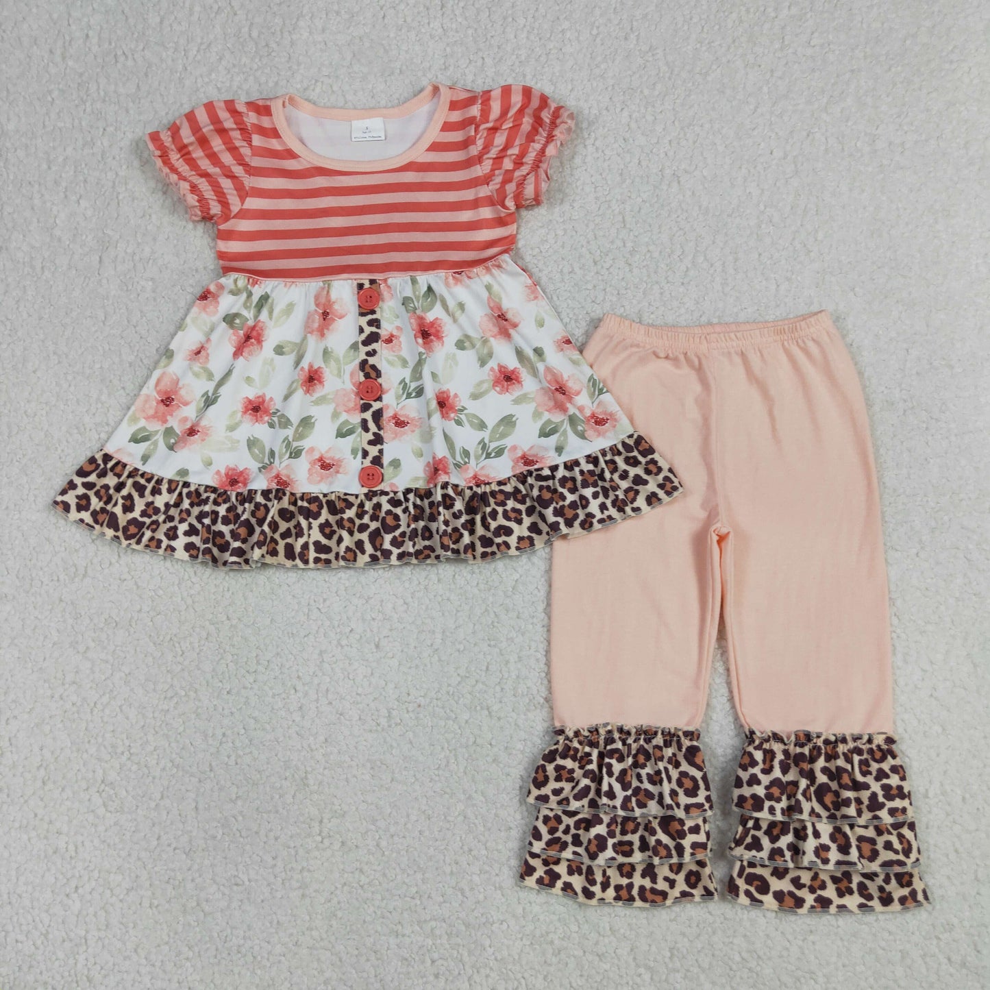 GSPO1044 Flowers pink striped short sleeve pink pants girls set