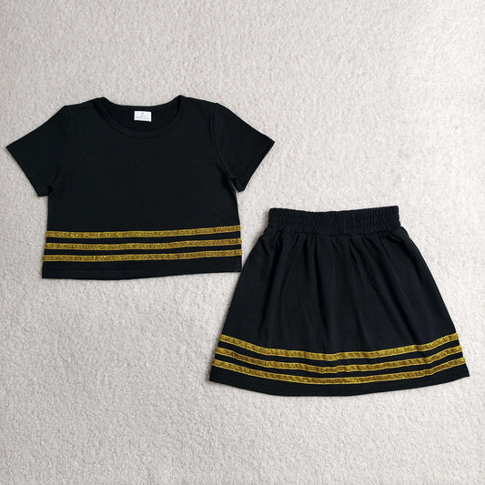 GSD4108 Solid Color Black Short Sleeve Skorts Girls Set