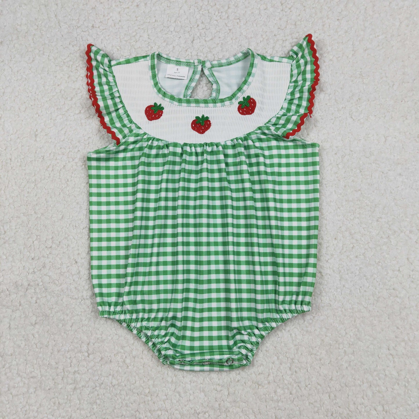 Embroidery SR3550 Strawberry Green Checkered Flutter Sleeve Girls Romper