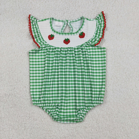 Embroidery SR3550 Strawberry Green Checkered Flutter Sleeve Girls Romper