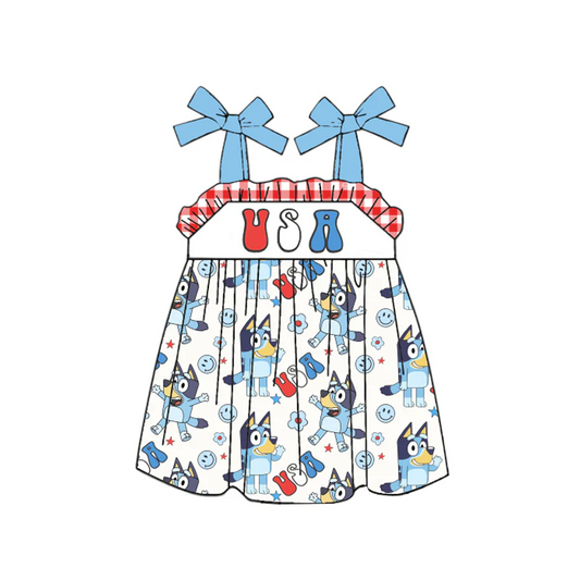 custom style July 4th blue dog USA blue girls dress