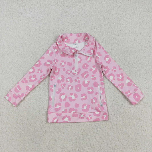 GT1070 yoga pink leopard long sleeve zipper girls top