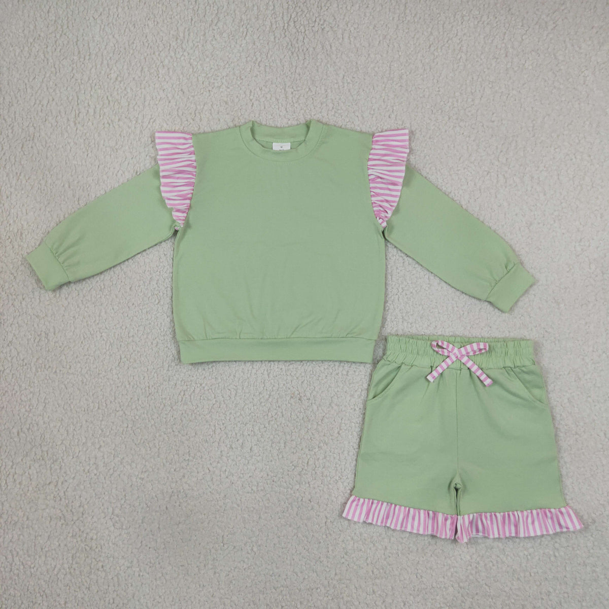 GLS0220 Cotton Green Long Sleeve Shorts Girls Set
