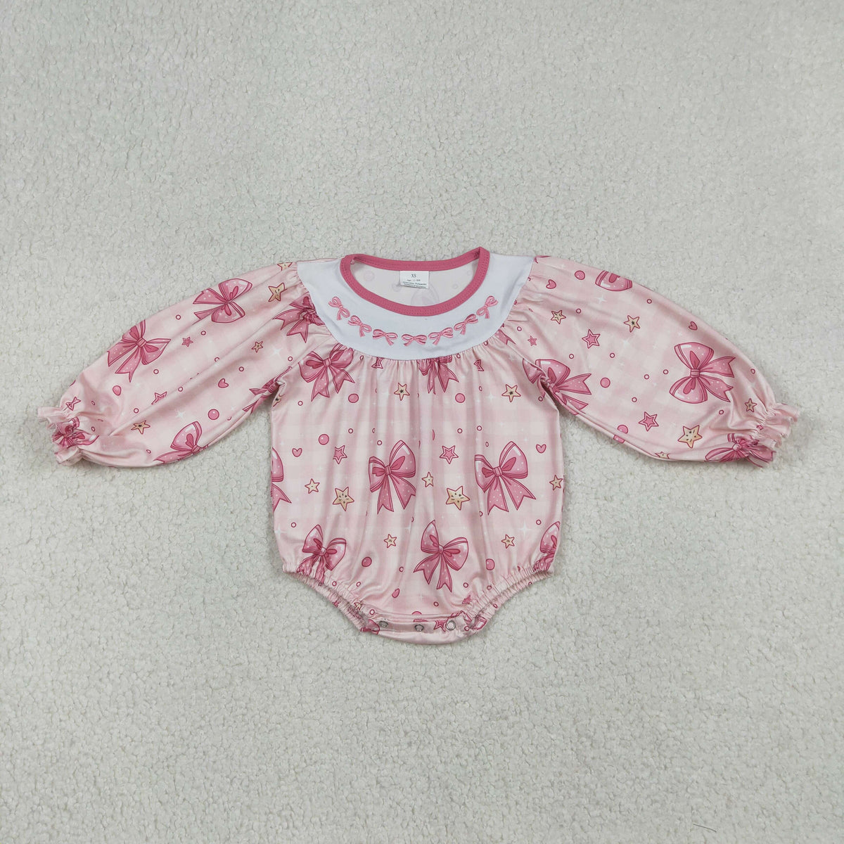 Embroidery LR2771 pink bows star checkered long sleeve girls romper