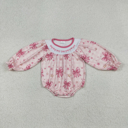 Embroidery LR2771 pink bows star checkered long sleeve girls romper