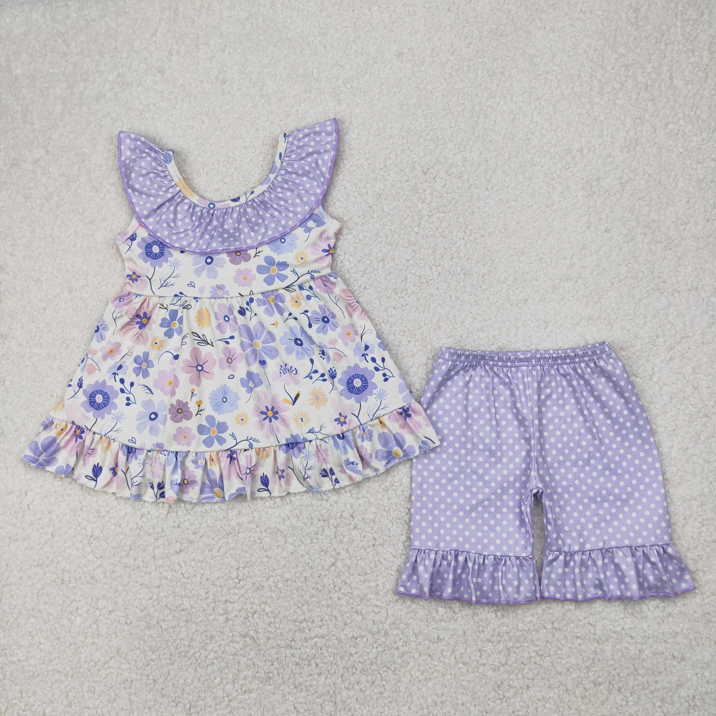 GSSO2306 colorful flowers with bow sleeeveless purple dot shorts girls set
