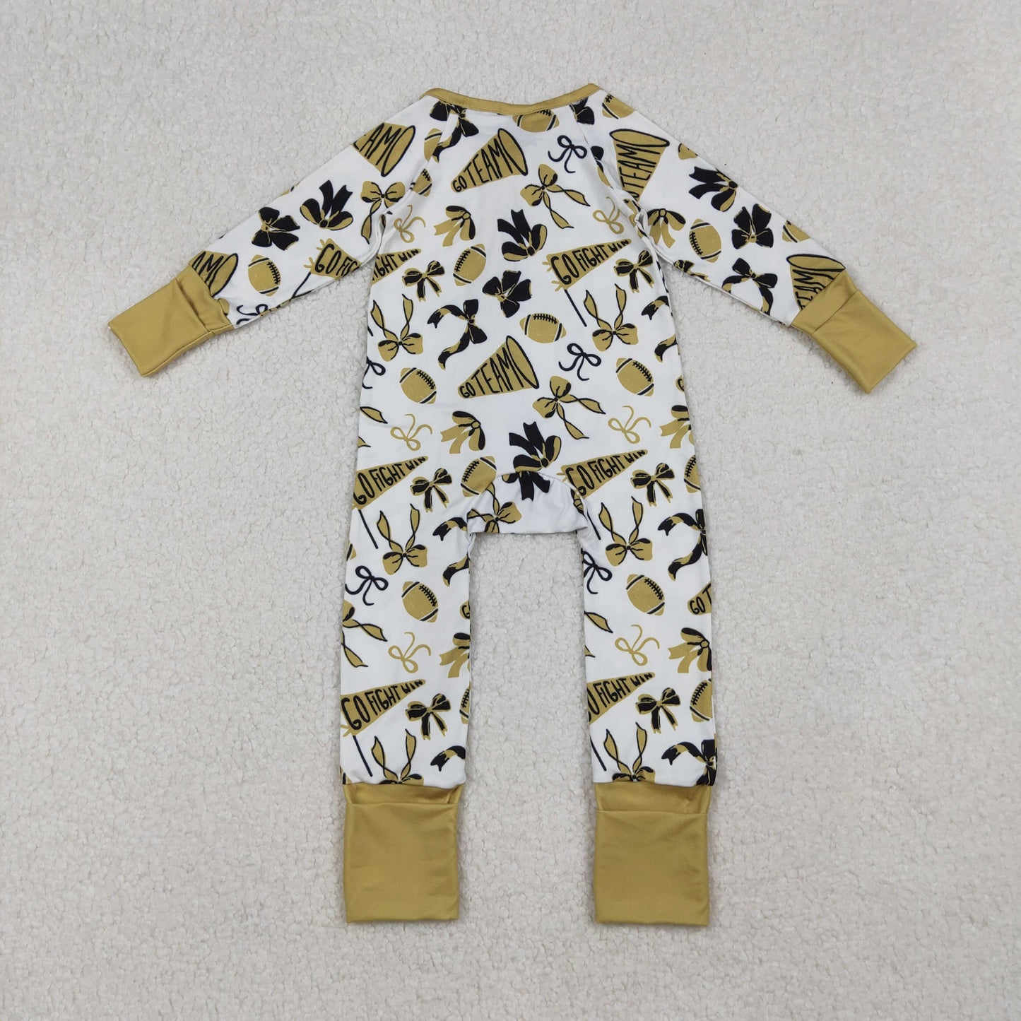 LR2515 cheer black golden football bows zipper long sleeve girls romper