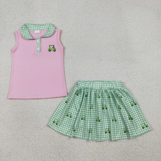 Embroidery GSD3120 Golf Pink Sleeveless Green Checkered Skirt Girls Set