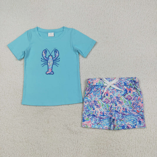 embroidery BSSO1479 crayfish green short sleeve colorful print shorts boys set