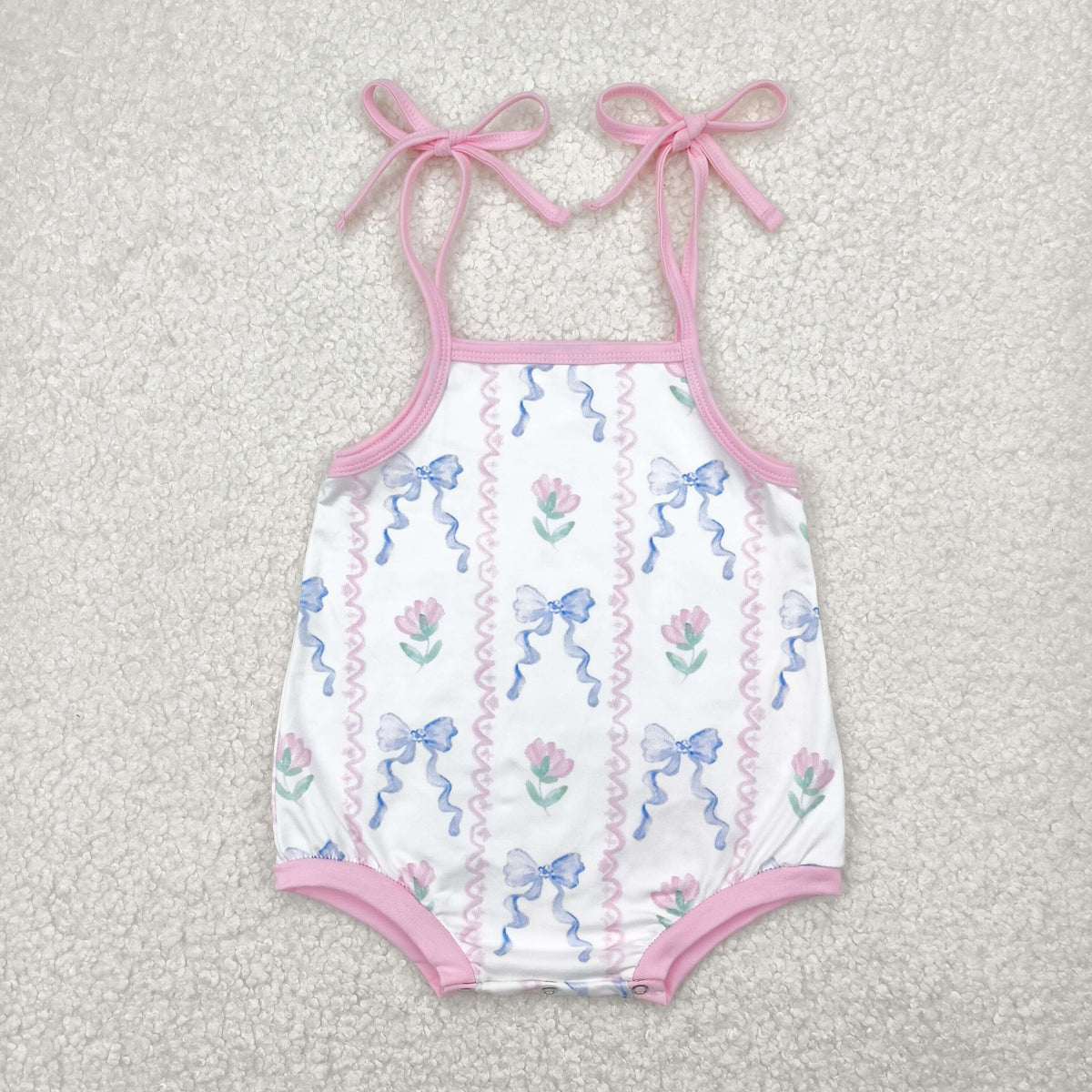 SR2858 pink fowers blue bows girls romper