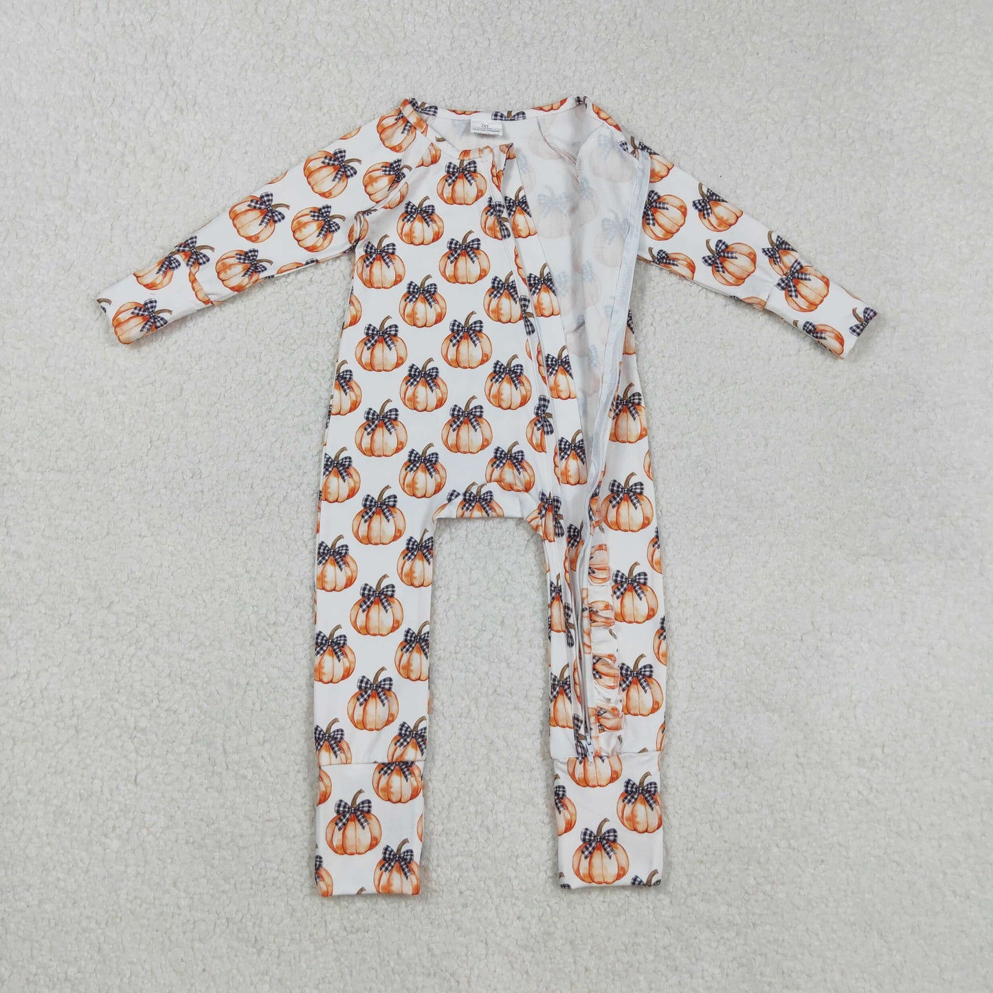 Custom moq 20 bamboo bows pumpkin zipper long sleeve girls romper