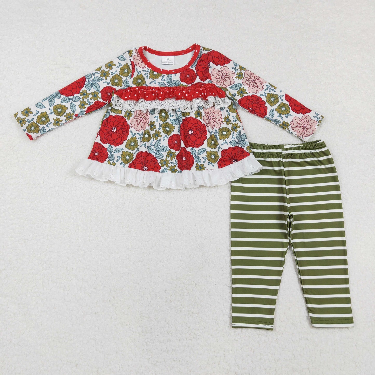 GLP2099 colorful flowers long sleeve green striped pants girls set