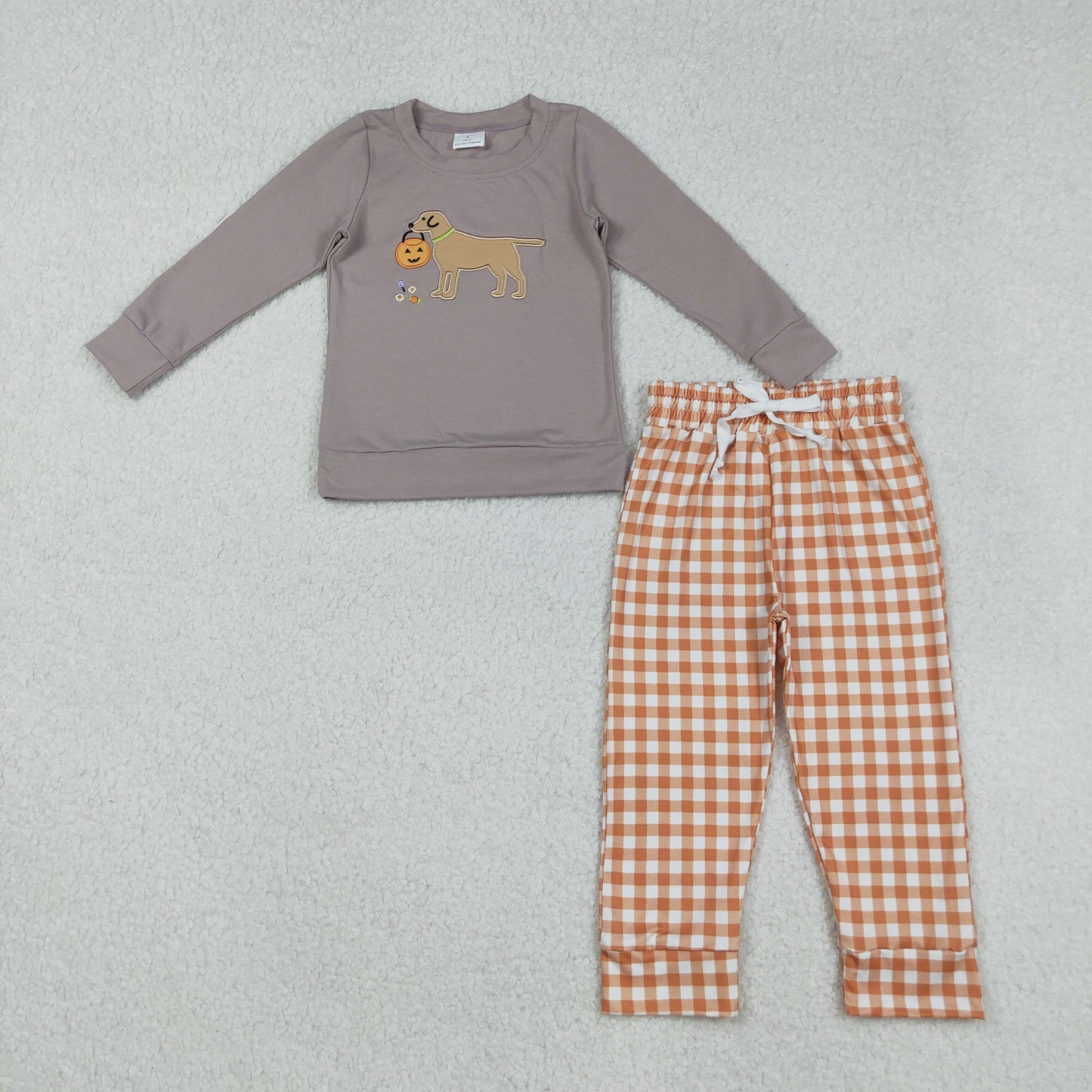 embroidery BLP1098 Halloween dog pumpkin khaki long sleeve orange checkered pants boys set