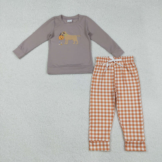embroidery BLP1098 Halloween dog pumpkin khaki long sleeve orange checkered pants boys set