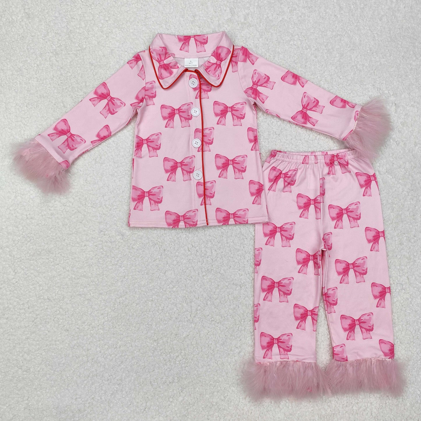 GLP2289 Pink Bows Long Sleeve Pants Girls Fur Pajamas Plush Pajamas