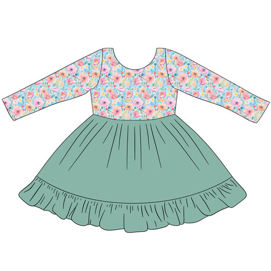 Custom Flowers Green Long Sleeve Girls Dress