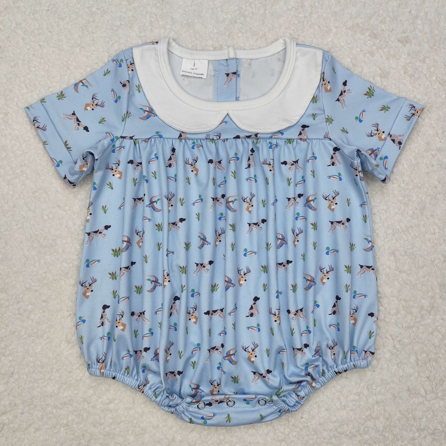 SR2275 hunting mallard duck deer dog blue short sleeve girls romper