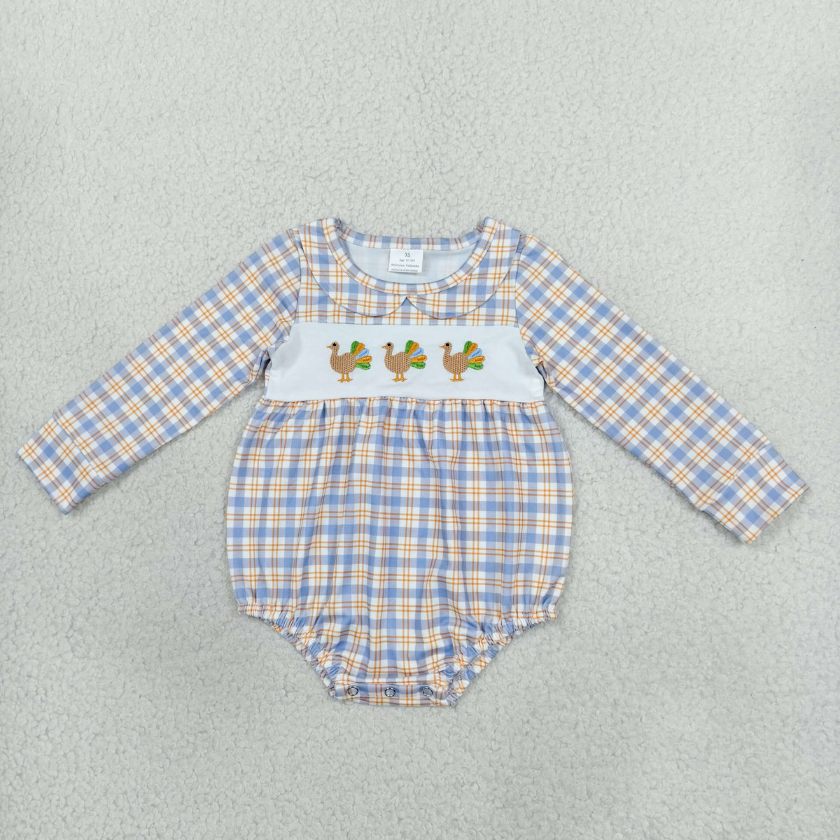 Embroidery LR3132 Turkey Blue Checkered Long Sleeve Boys Romper