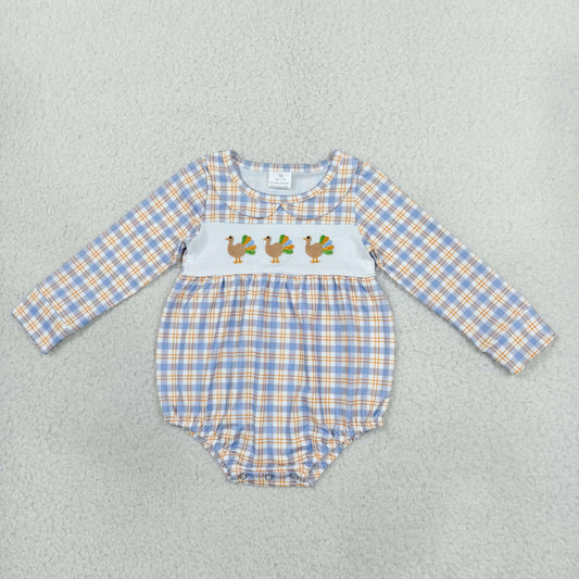 Embroidery LR3132 Turkey Blue Checkered Long Sleeve Boys Romper