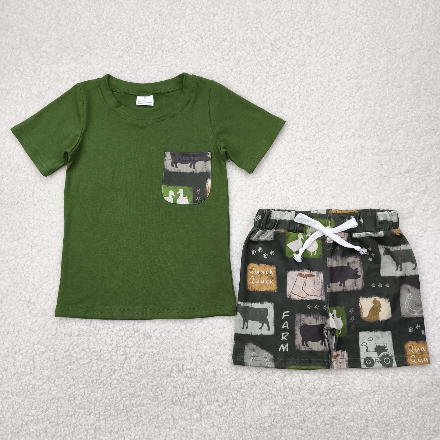 BSSO1390 farm tractor animals cow green pocket short sleeve shorts boys set