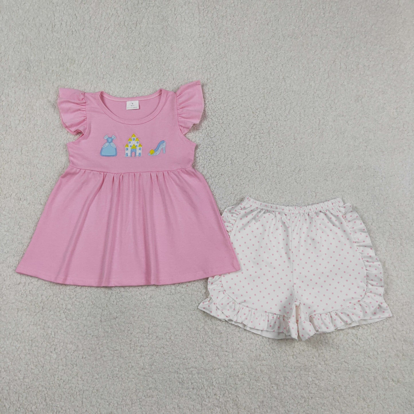 Embroidery GSSO1186 cartoon princess castle pink flutter sleeve top pink dot girls shorts set