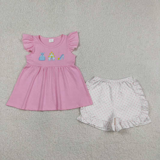 Embroidery GSSO1186 cartoon princess castle pink flutter sleeve top pink dot girls shorts set