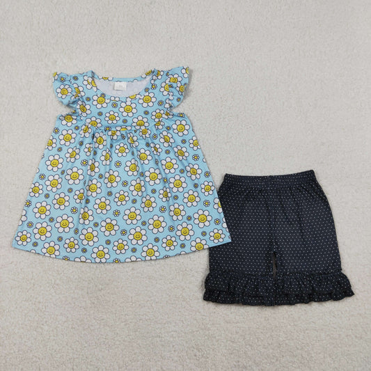 GSSO3749 Dasiy Flowers Blue Flutter Sleeve Shorts Girls Set
