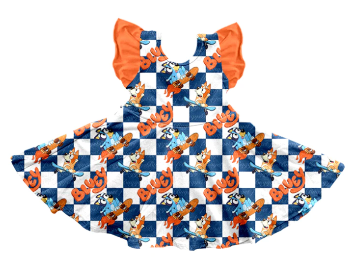 preorder GSD1095 cartoon blue dog blue checkered orange flutter sleeve girls dress