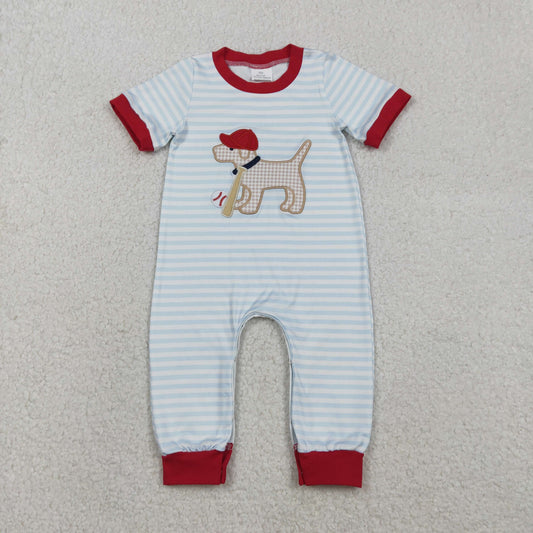 SR3330 baseball dog blue striped short sleeve boys romper