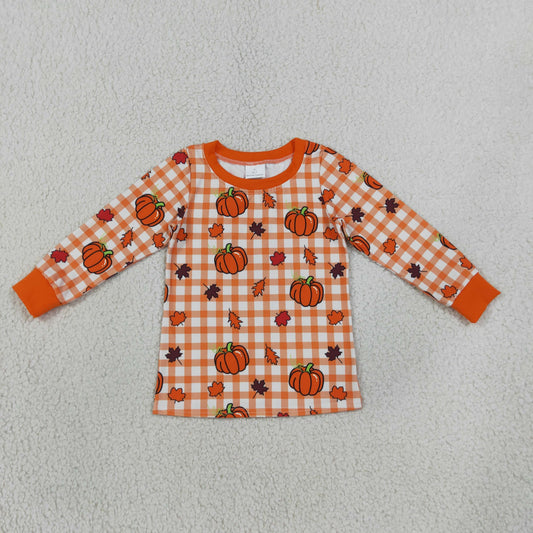 BT1929 Pumpkin Orange Checkered Long Sleeve Boys Top