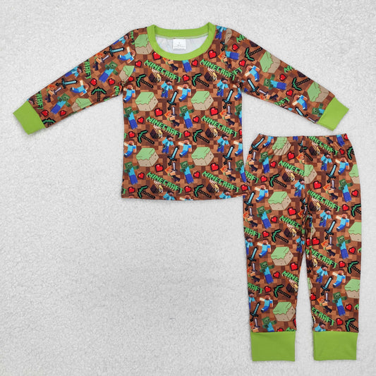 Custom moq 20 bamboo cartoon games green long sleeve pants boys pajamas