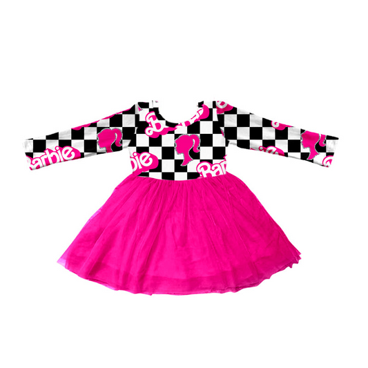 Custom S 8.11 BA black plaid long sleeve hot pink dress