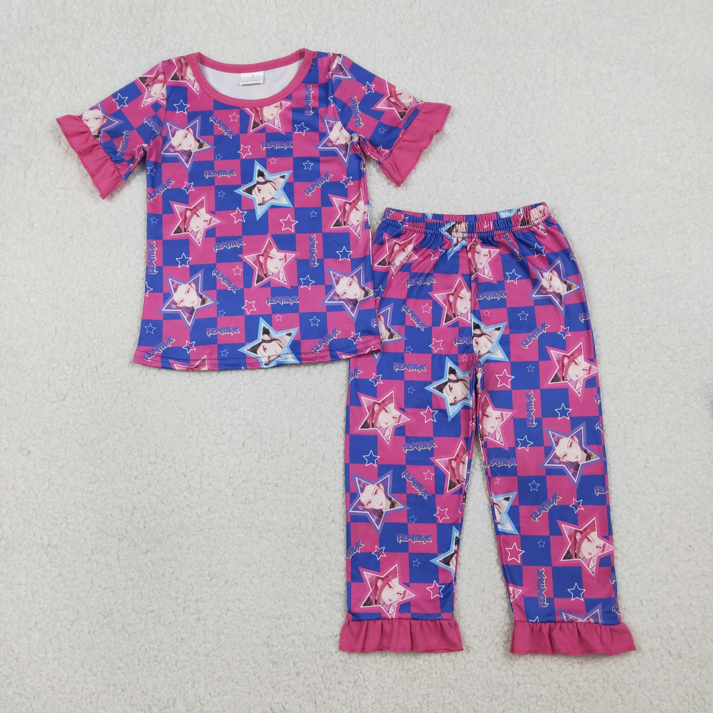 GSPO2230 Hunter Star Hot Pink Checkered Short Sleeve Pants Girls Pajamas