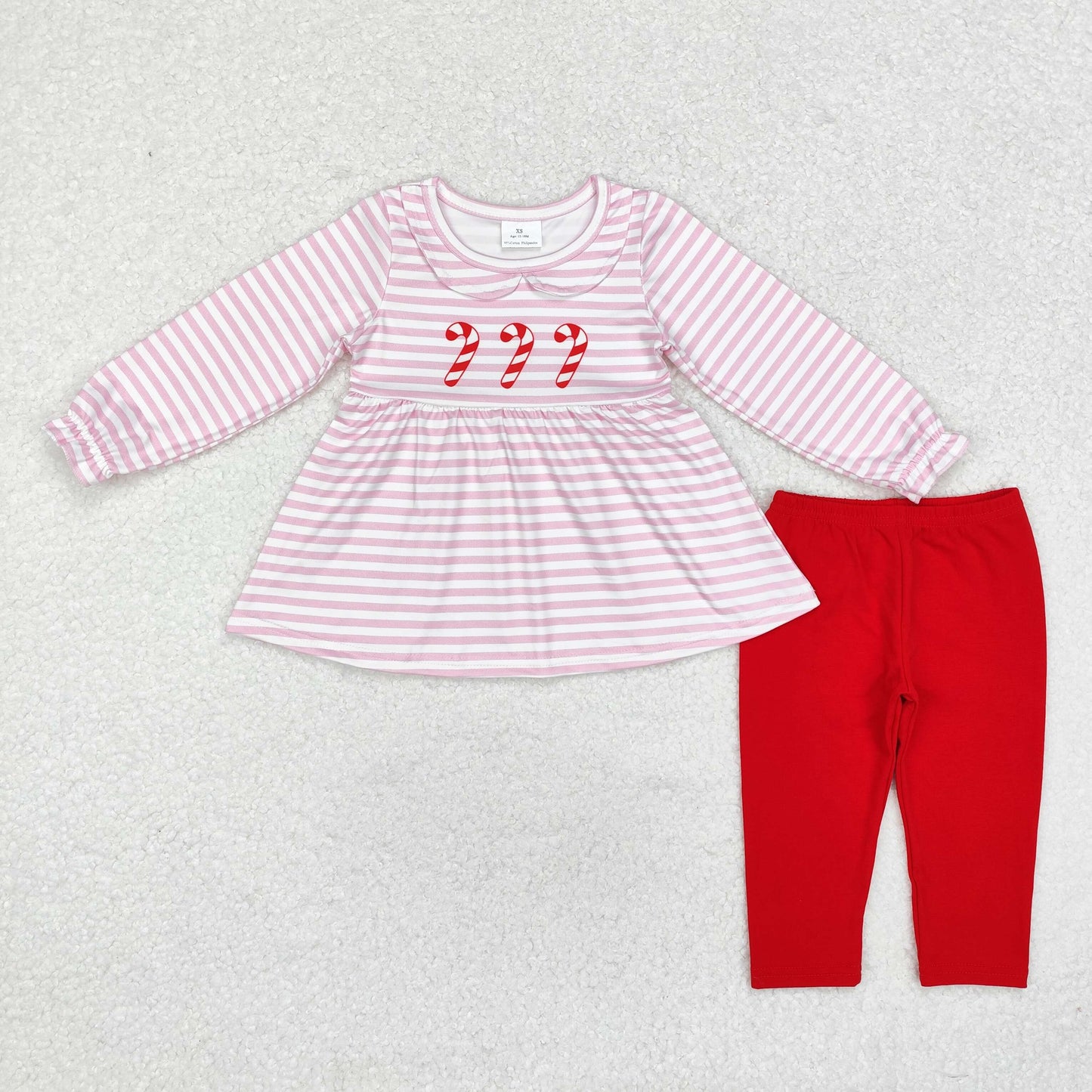 GLP1563 Christmas cane candy pink striped long sleeve red pants girls set